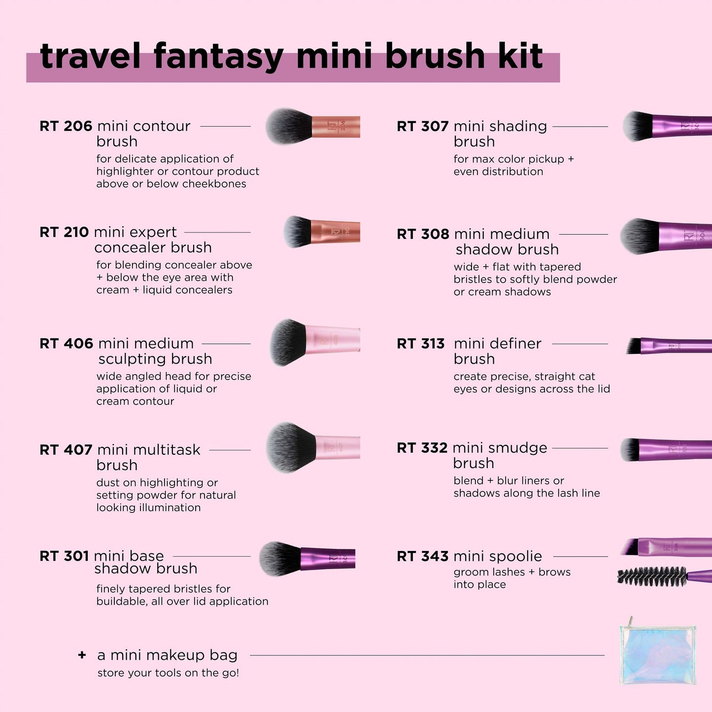 REAL TECHNIQUES Travel Fantasy Mini Brush Set With Free Mini Makeup Bag