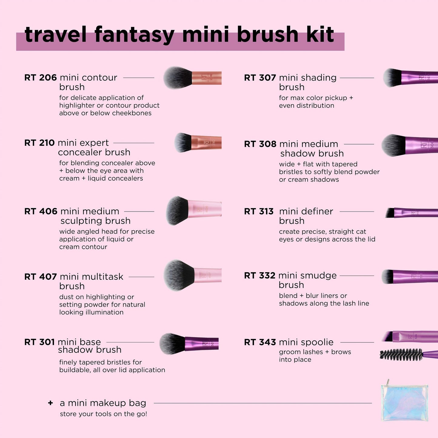 REAL TECHNIQUES Travel Fantasy Mini Brush Set With Free Mini Makeup Bag
