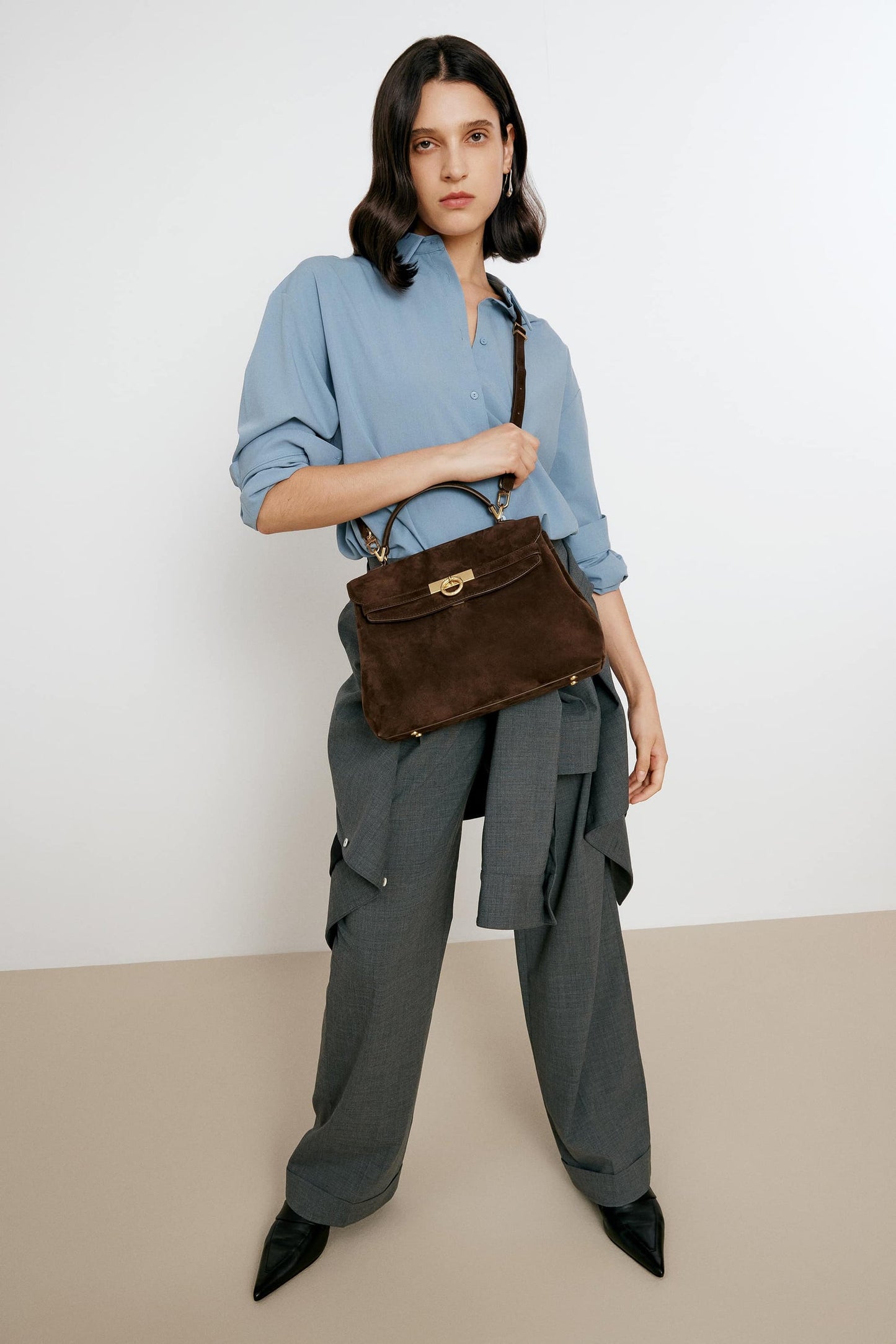 Grace Medium Soft Top Handle Bag - Chocolate Suede