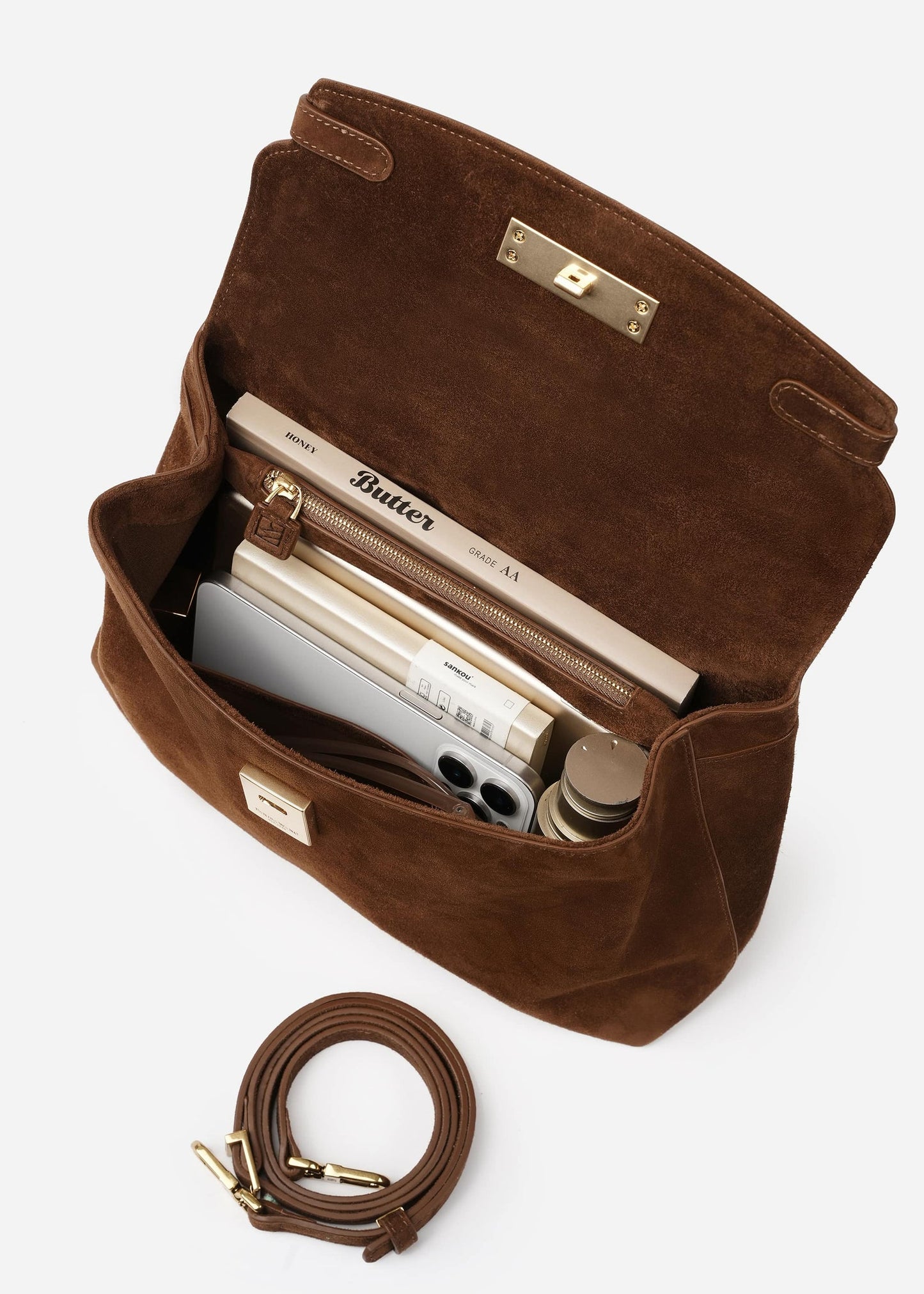 Grace Medium Soft Top Handle Bag - Brown Suede