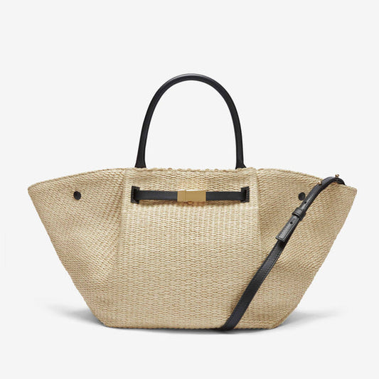 Demellier The Midi New York - Natural Raffia & Black Smooth