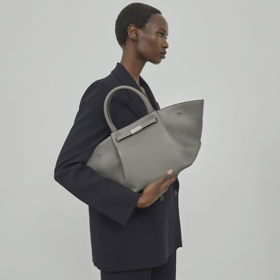 Demellier The Midi New York - Stone Grey Small Grain Ecru Stitching