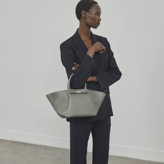 Demellier The Midi New York - Stone Grey Small Grain Ecru Stitching