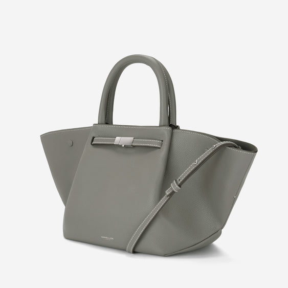 Demellier The Midi New York - Stone Grey Small Grain Ecru Stitching