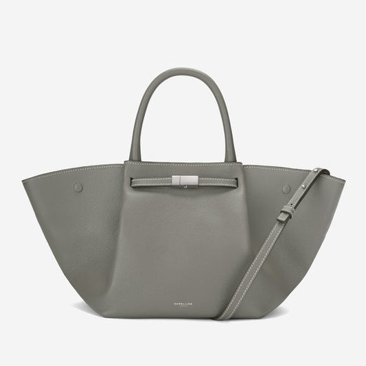 Demellier The Midi New York - Stone Grey Small Grain Ecru Stitching