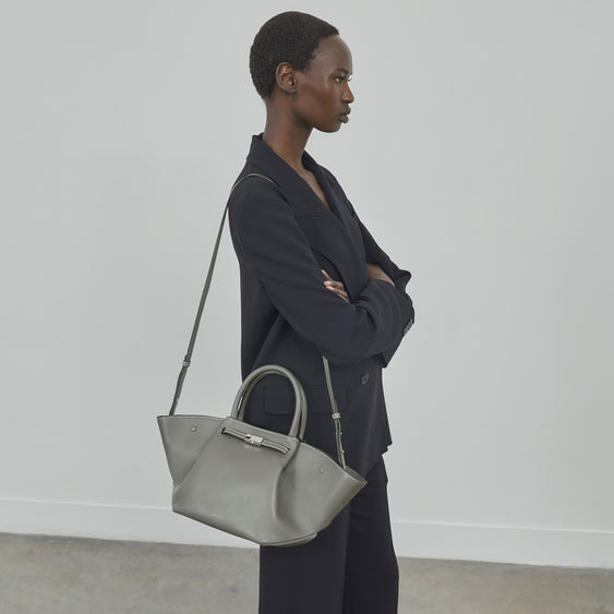 Demellier The Midi New York - Stone Grey Small Grain Ecru Stitching